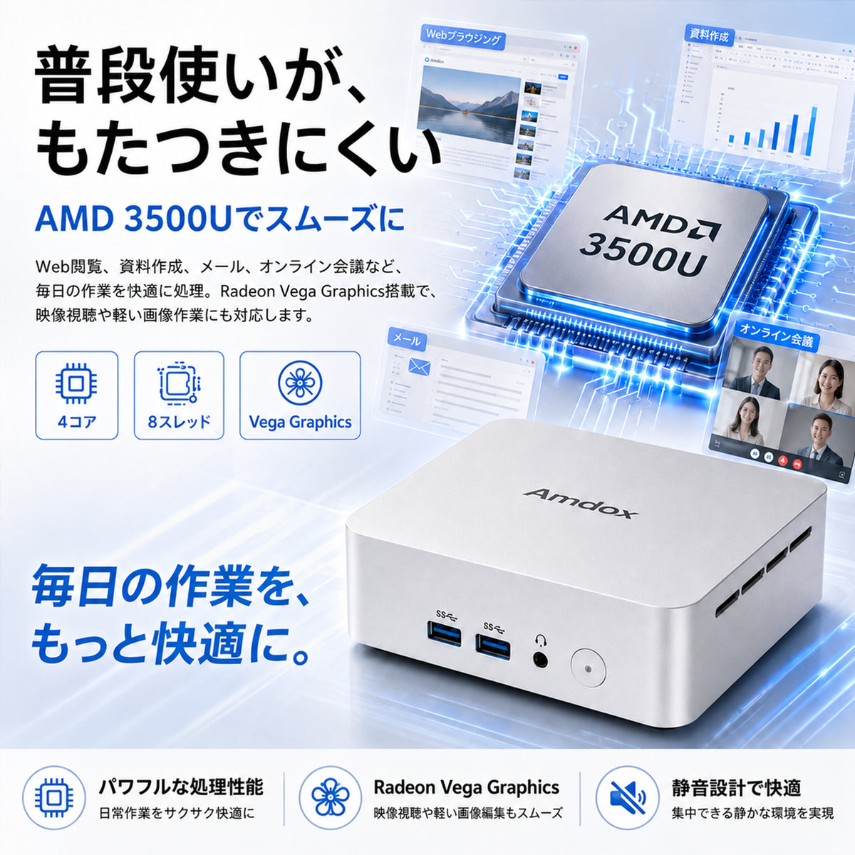 Amdox ミニPC AMD Ryzen 5 3500U 8GBメモリ 256GB SSD 3画面拡張対応 Windows 11 Mini PC 10A