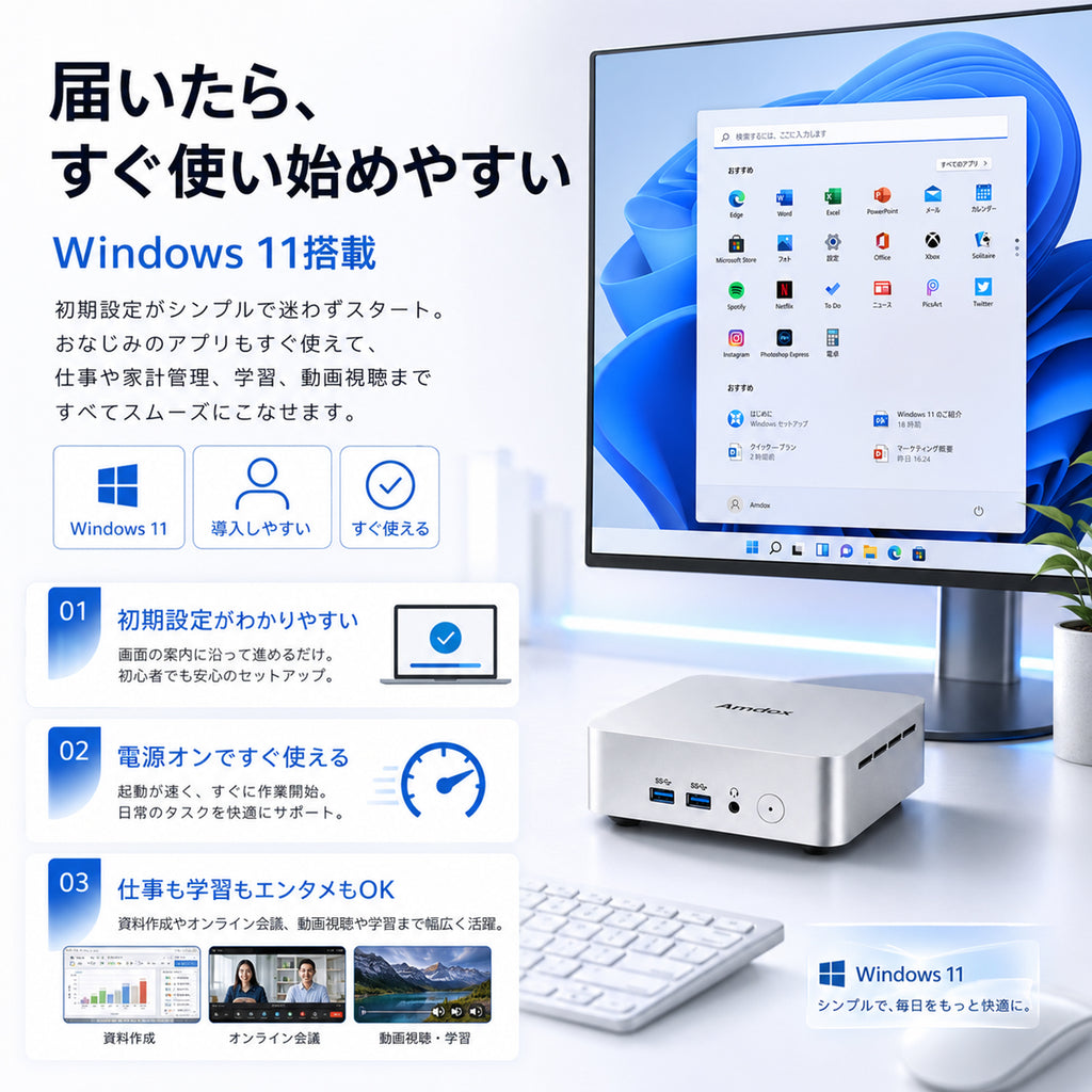 Amdox ミニPC AMD Ryzen 5 3500U 8GBメモリ 256GB SSD 3画面拡張対応 Windows 11 Mini PC 10A