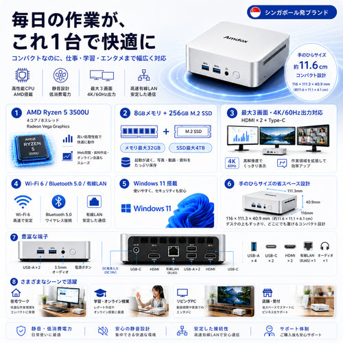 Amdox ミニPC AMD Ryzen 5 3500U 8GBメモリ 256GB SSD 3画面拡張対応 Windows 11 Mini PC 10A